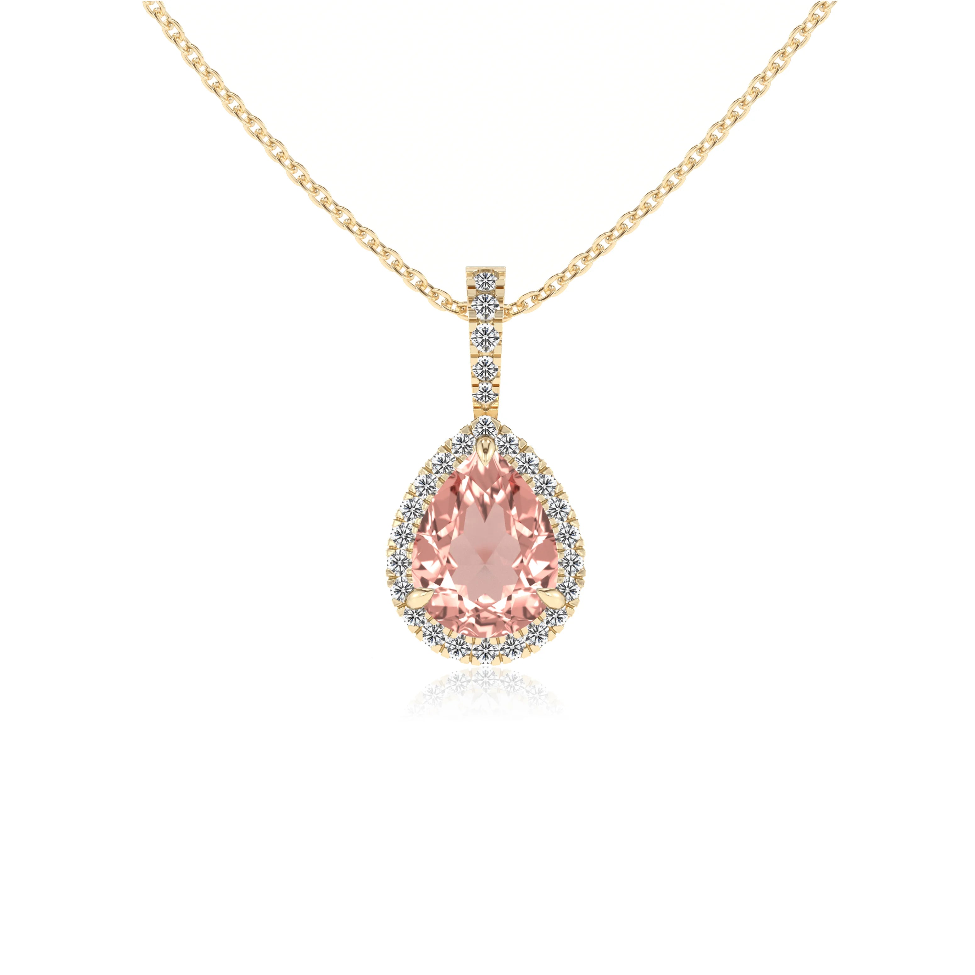 lab grown morganite pear solitaire necklaces in yellow gold 