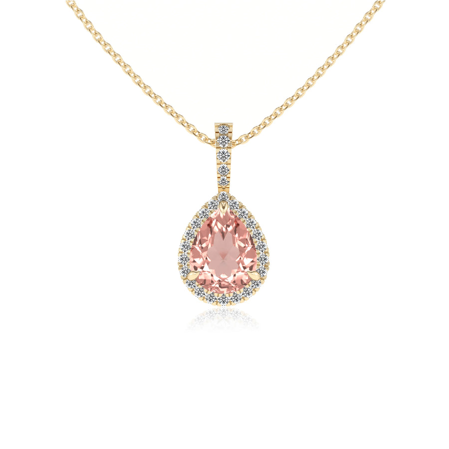 lab grown morganite pear solitaire necklaces in yellow gold 
