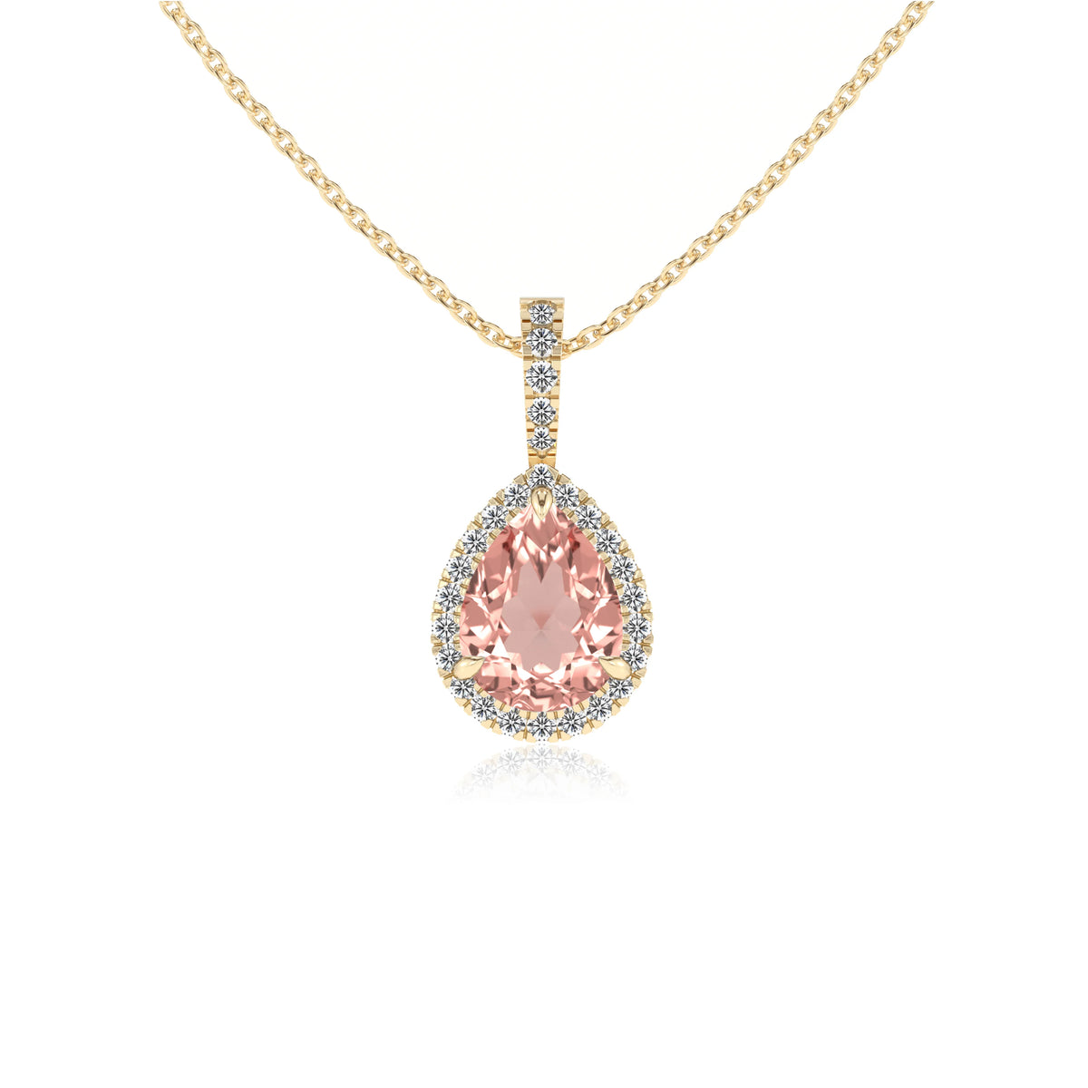 lab grown morganite pear solitaire necklaces in yellow gold 