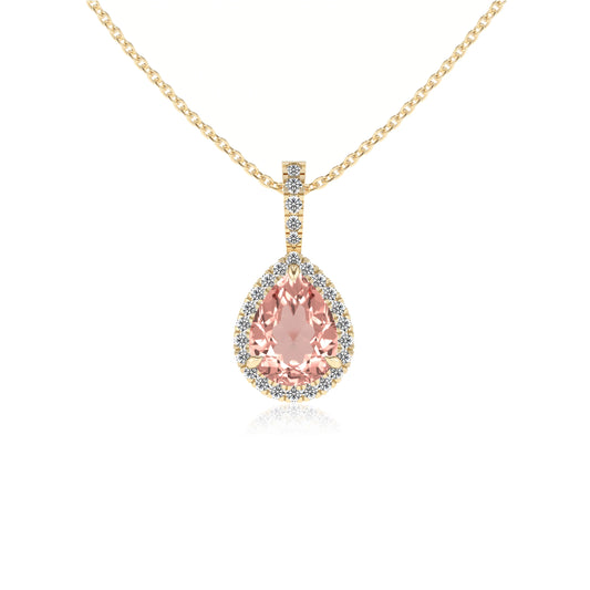 lab grown morganite pear solitaire necklaces in yellow gold 