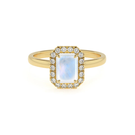 natural rainbow-moonstone emerald cut solitaire rings in yellow gold 