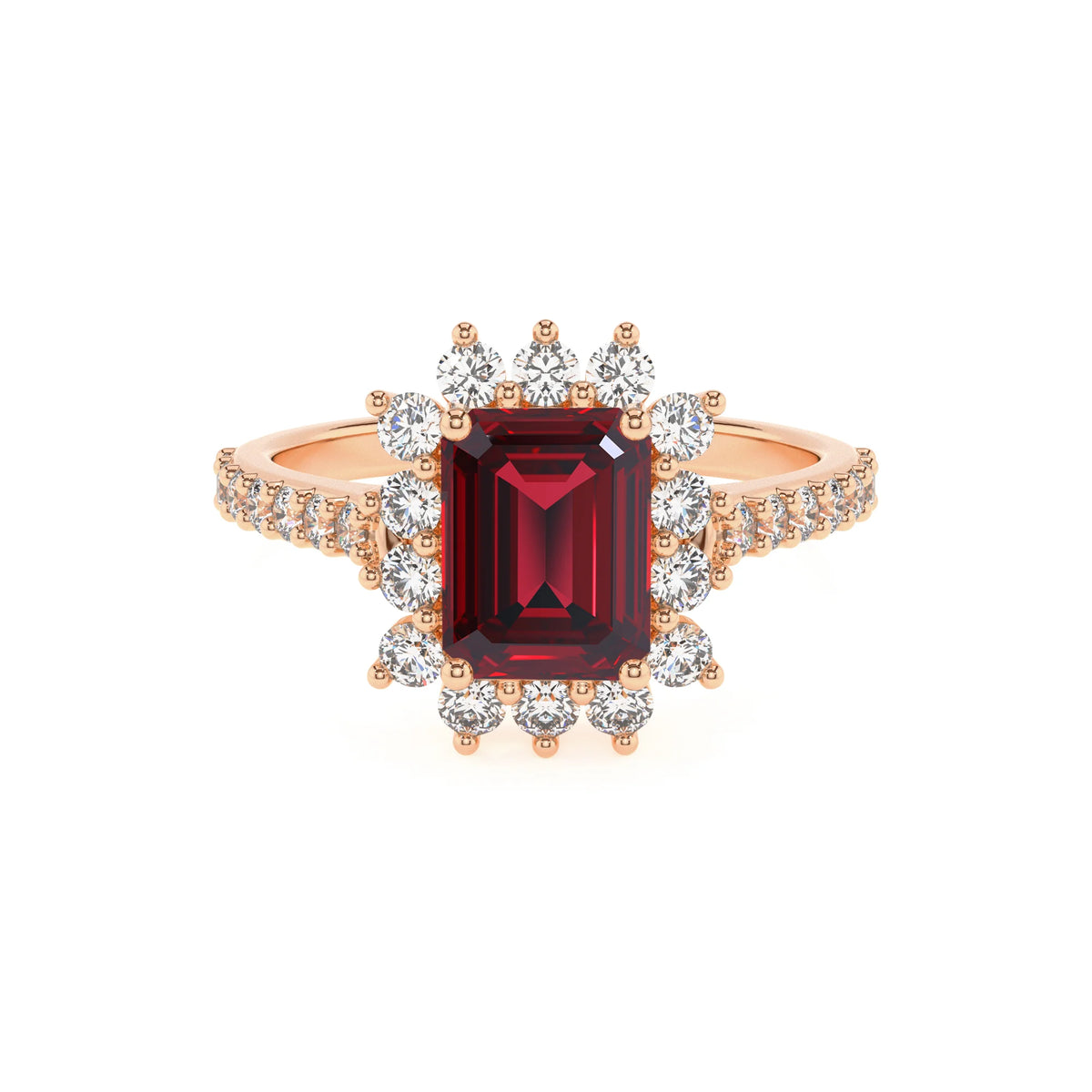 lab grown ruby emerald cut solitaire rings in rose gold 