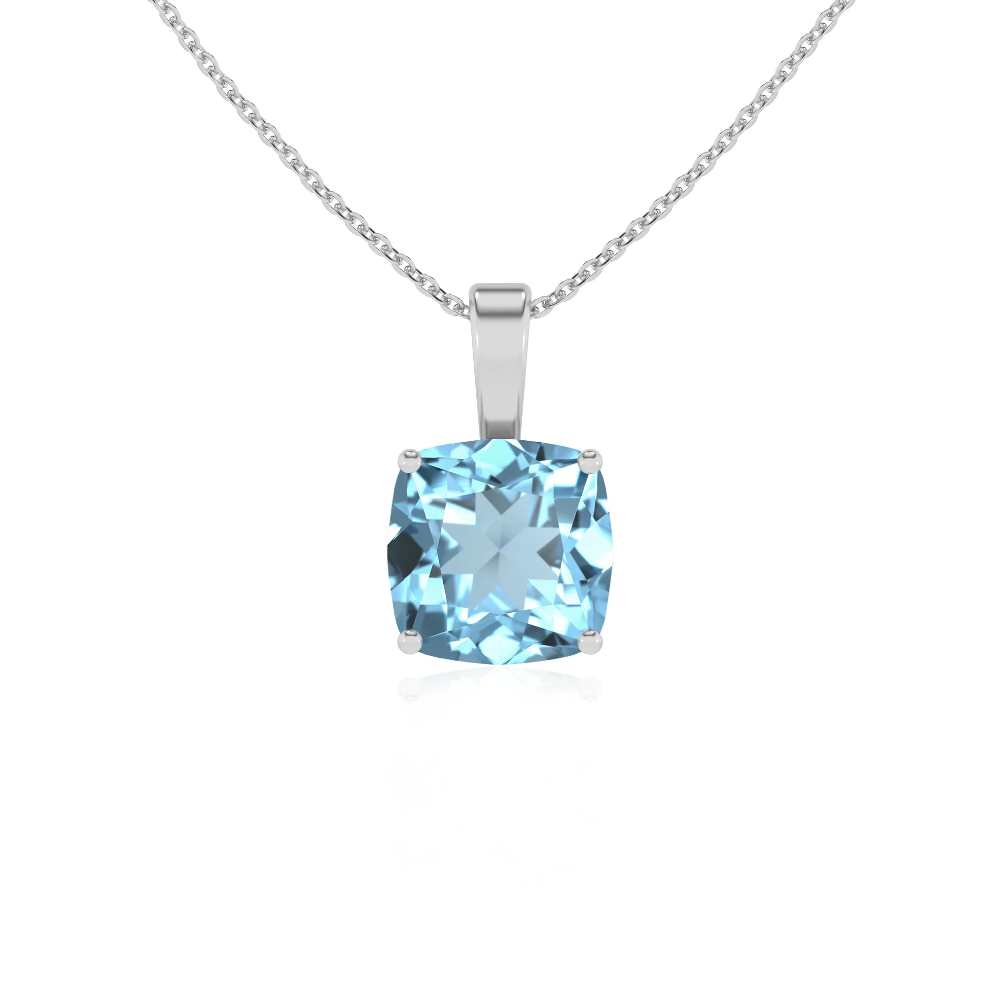 lab grown aquamarine cushion solitaire necklaces in white gold 