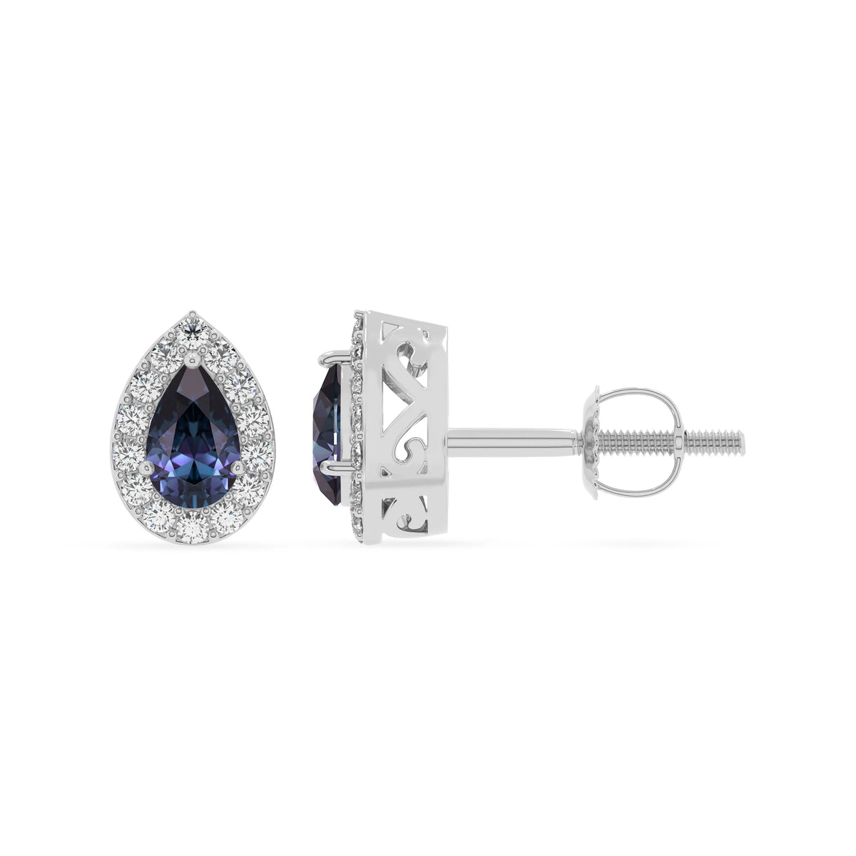 lab grown alexandrite pear stud earrings in sterling silver 