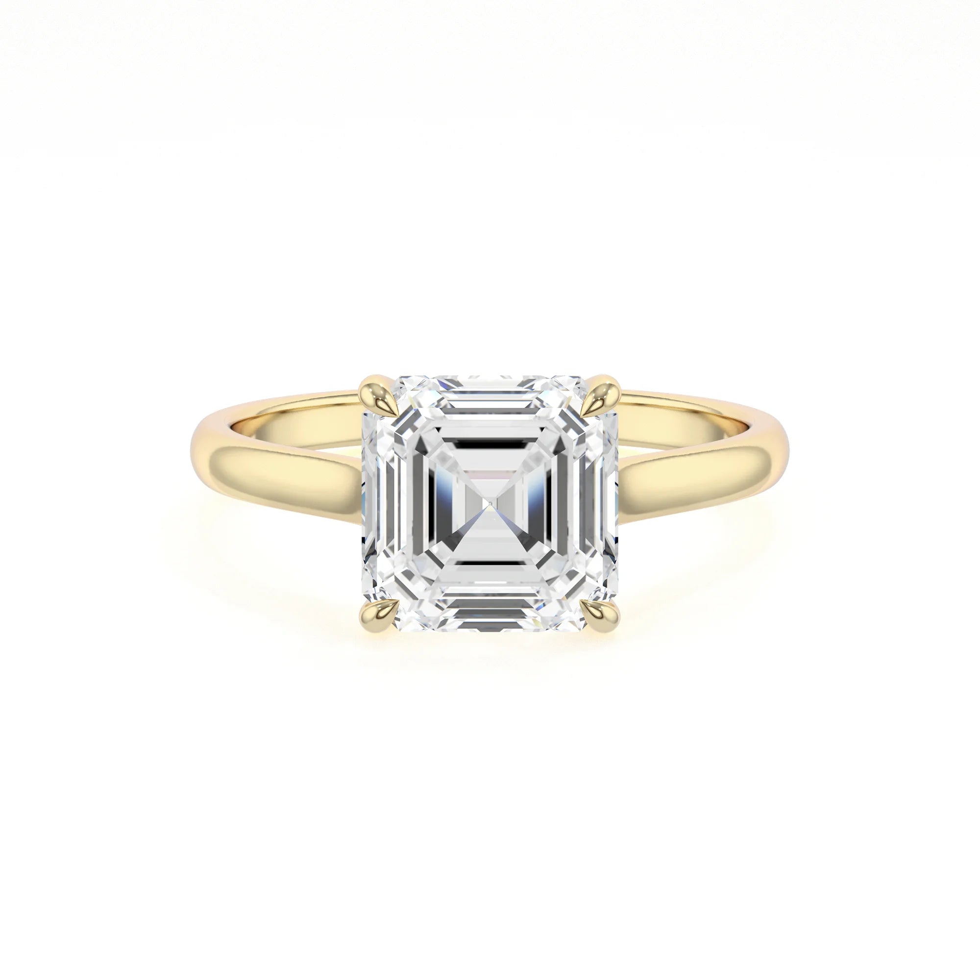 lab grown moissanite asscher solitaire rings in yellow gold 