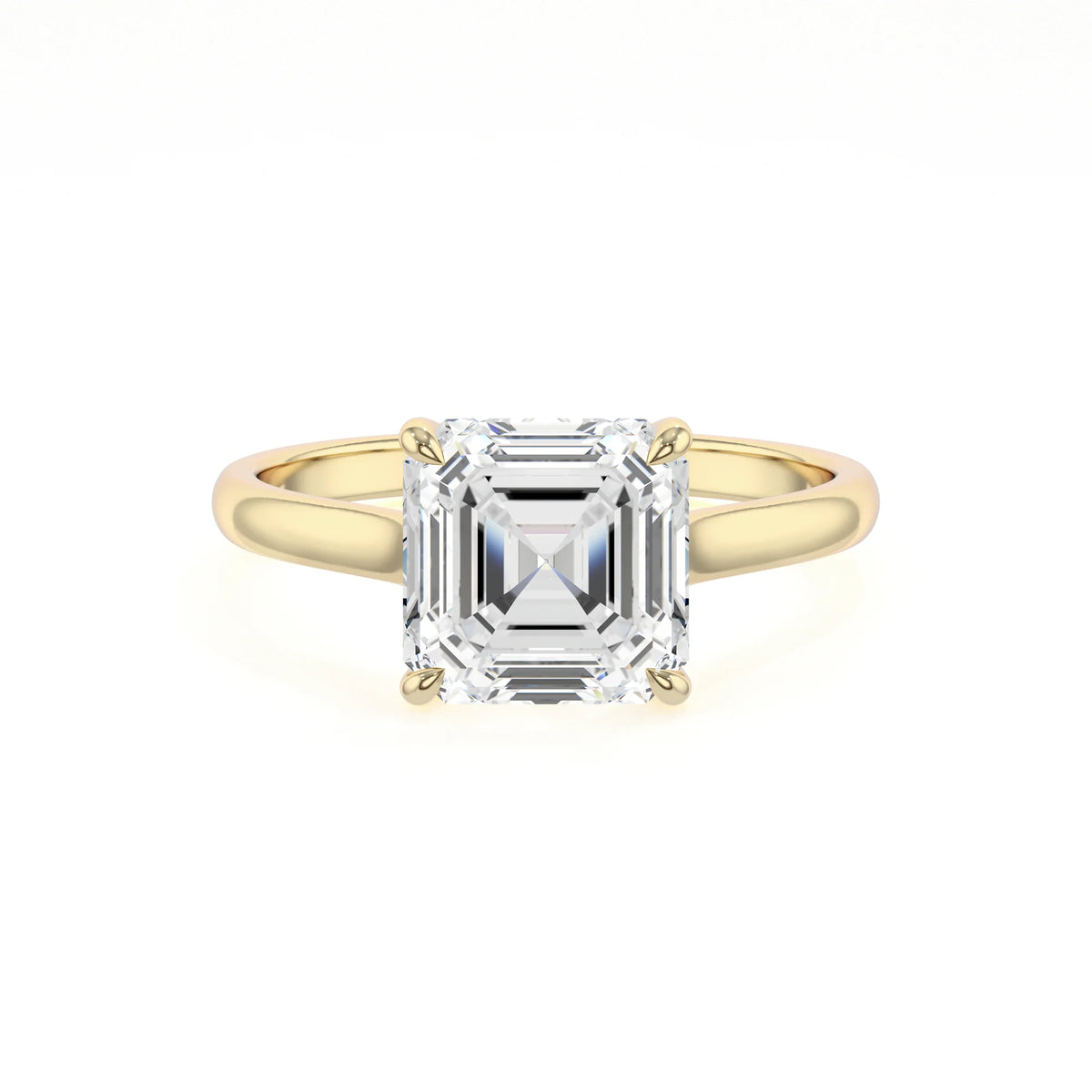 lab grown moissanite asscher solitaire rings in yellow gold 
