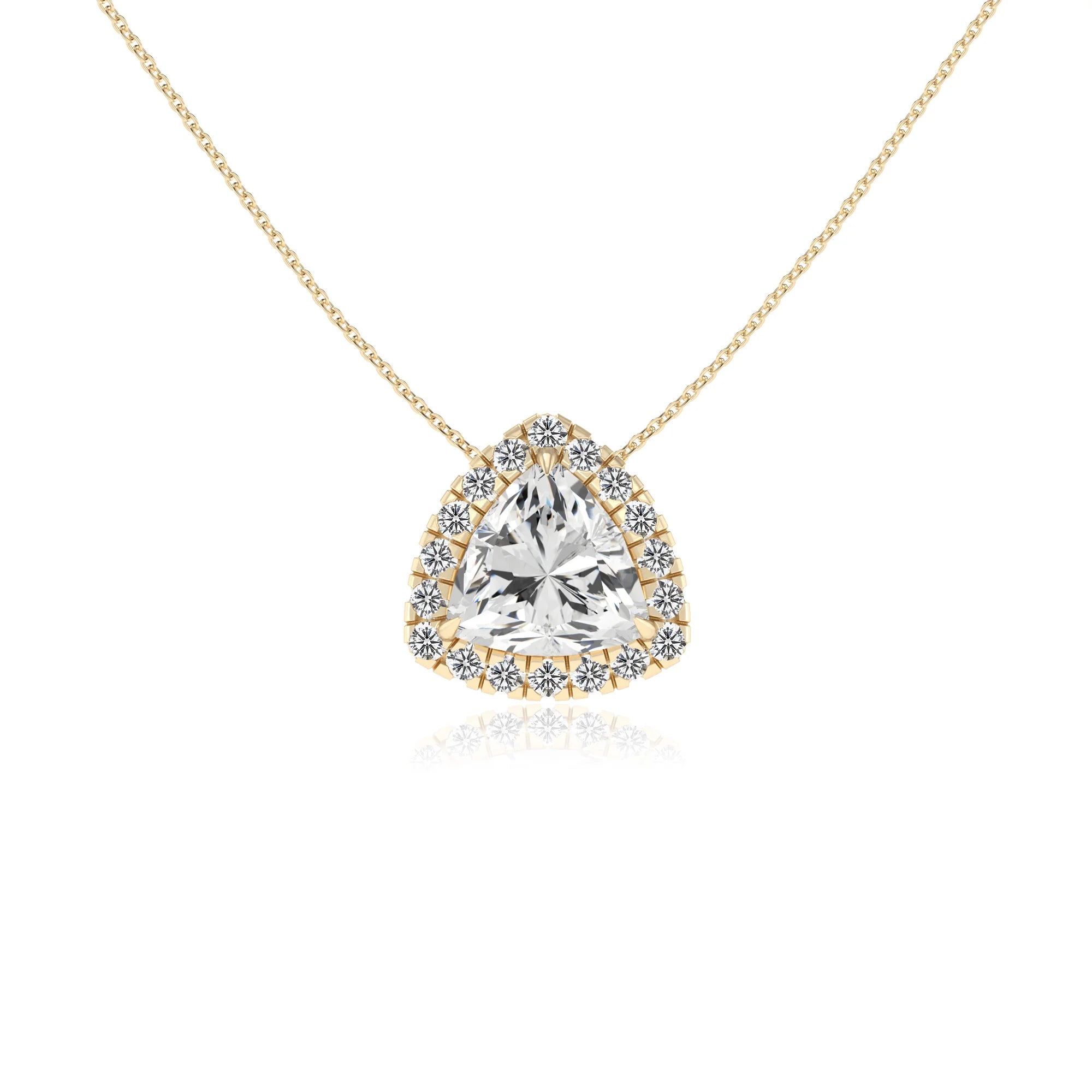 lab grown moissanite trillion solitaire necklaces in yellow gold 
