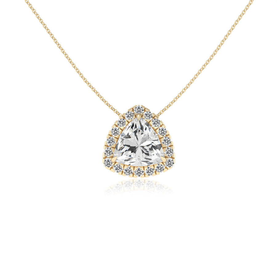 lab grown moissanite trillion solitaire necklaces in yellow gold 