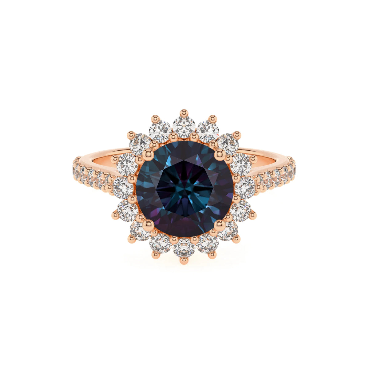 lab grown alexandrite round solitaire rings in rose gold 