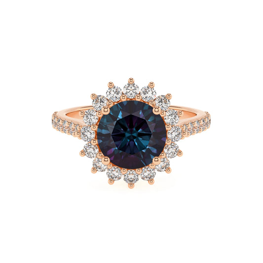 lab grown alexandrite round solitaire rings in rose gold 