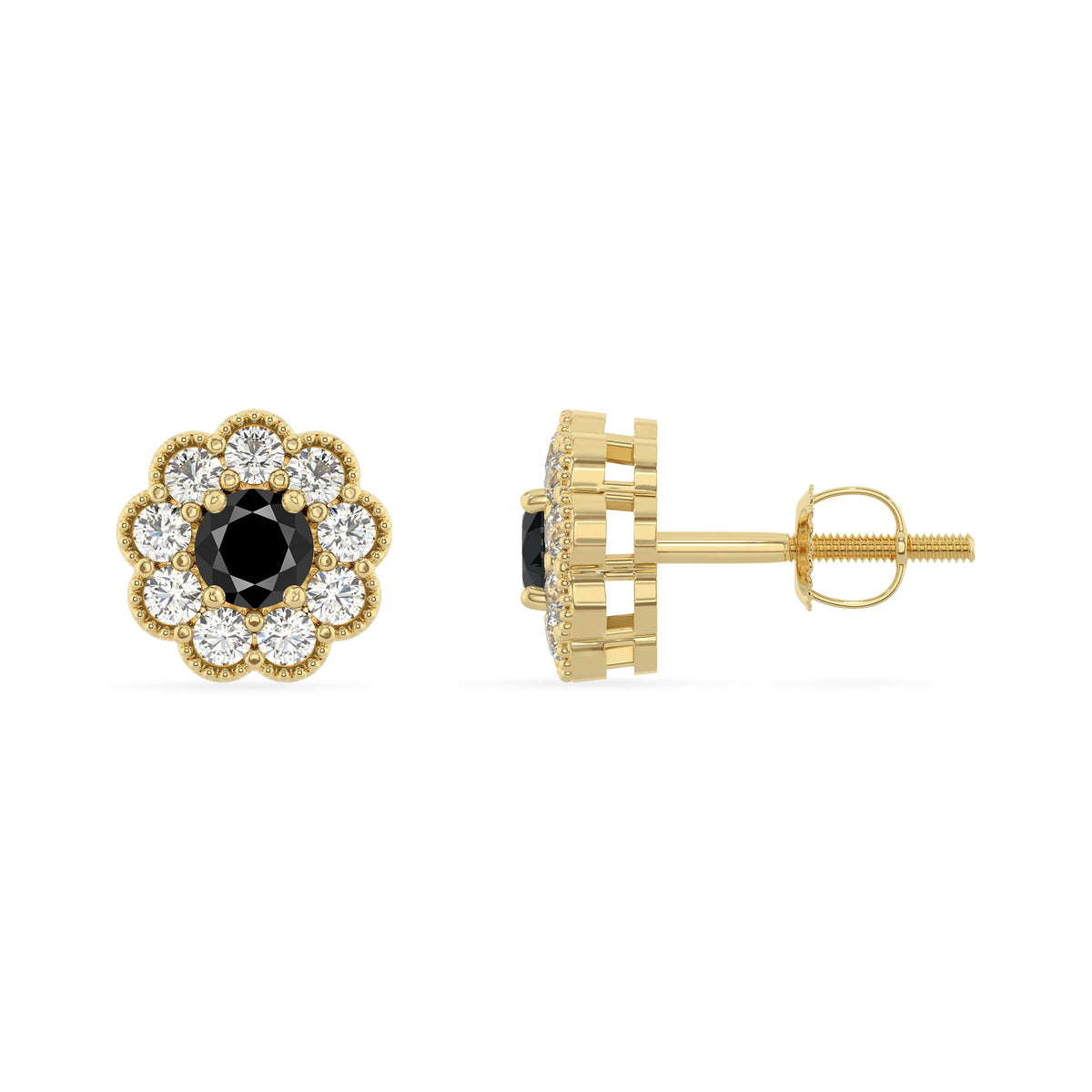 natural black onyx round stud earrings in yellow gold 