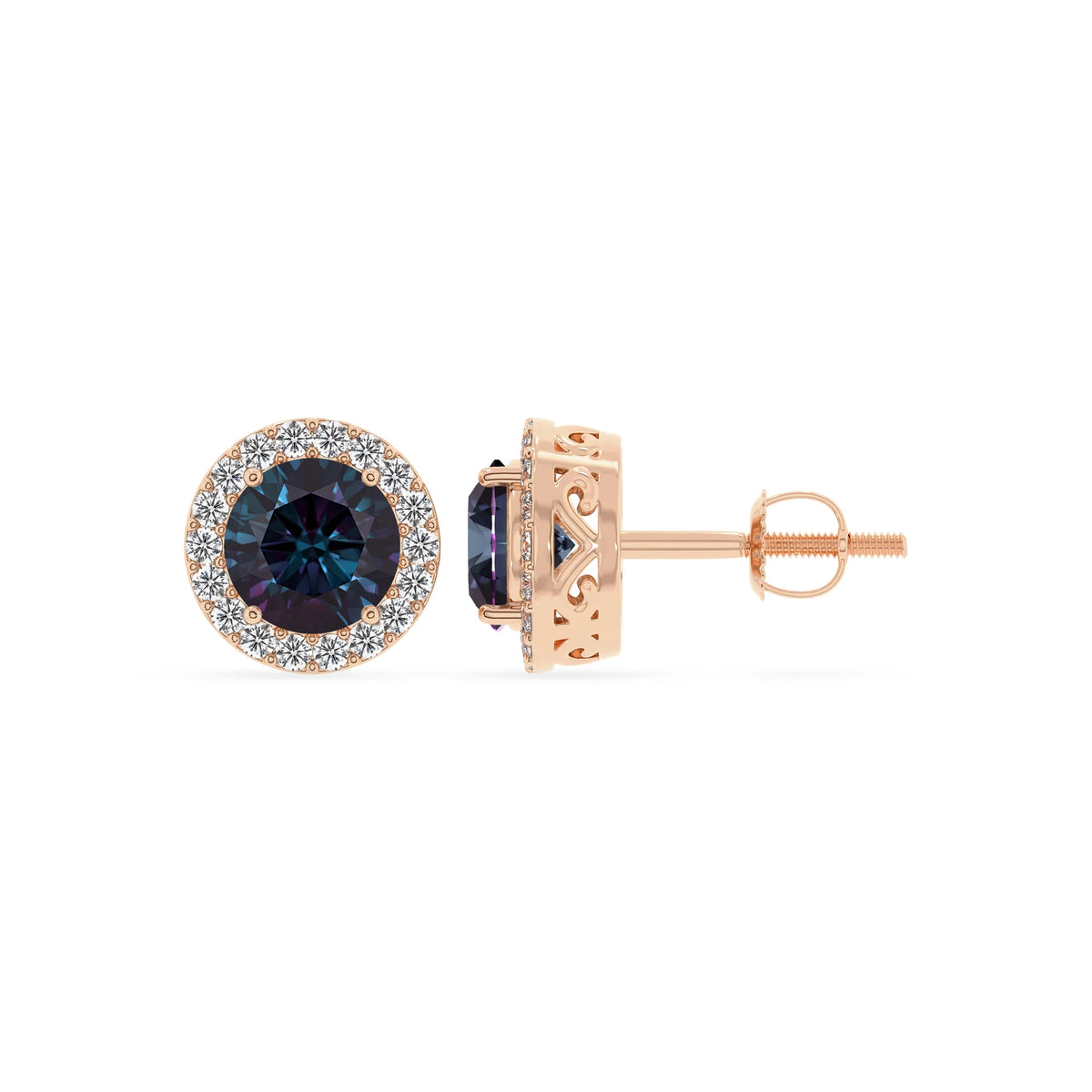 lab grown alexandrite round stud earrings in rose gold 