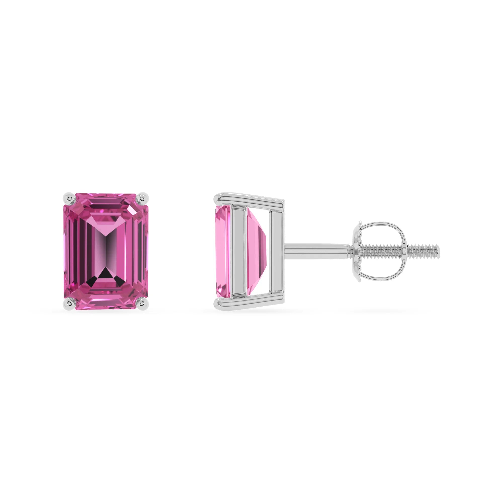 lab grown pink sapphire emerald cut stud earrings in sterling silver 