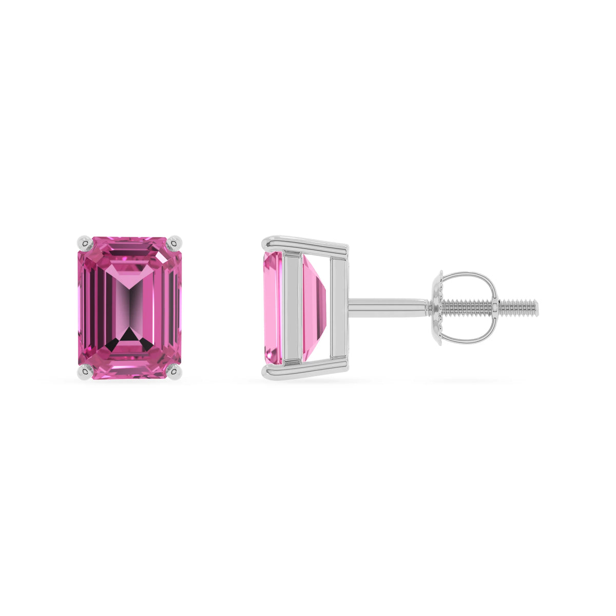 lab grown pink sapphire emerald cut stud earrings in sterling silver 
