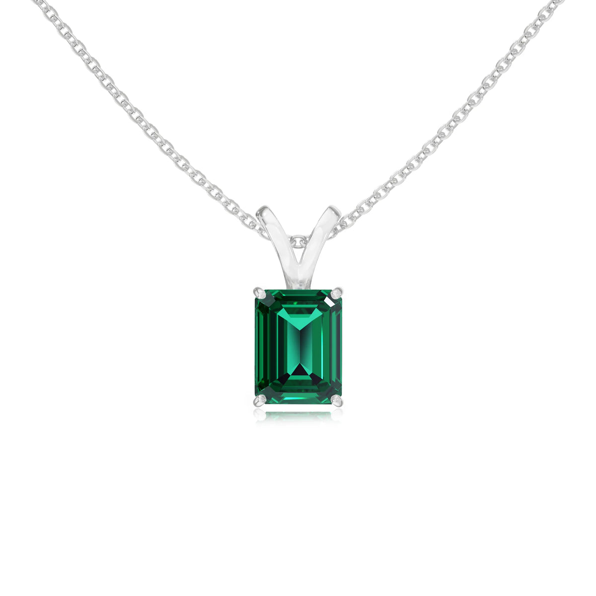 lab grown emerald octogon cut solitaire v-bale necklaces in sterling silver 