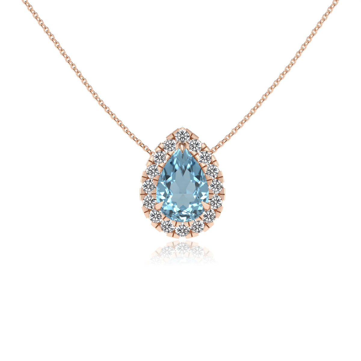 lab grown aquamarine pear solitaire necklaces in rose gold 