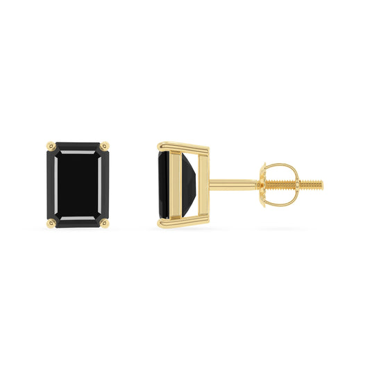natural black onyx emerald cut stud earrings in yellow gold 