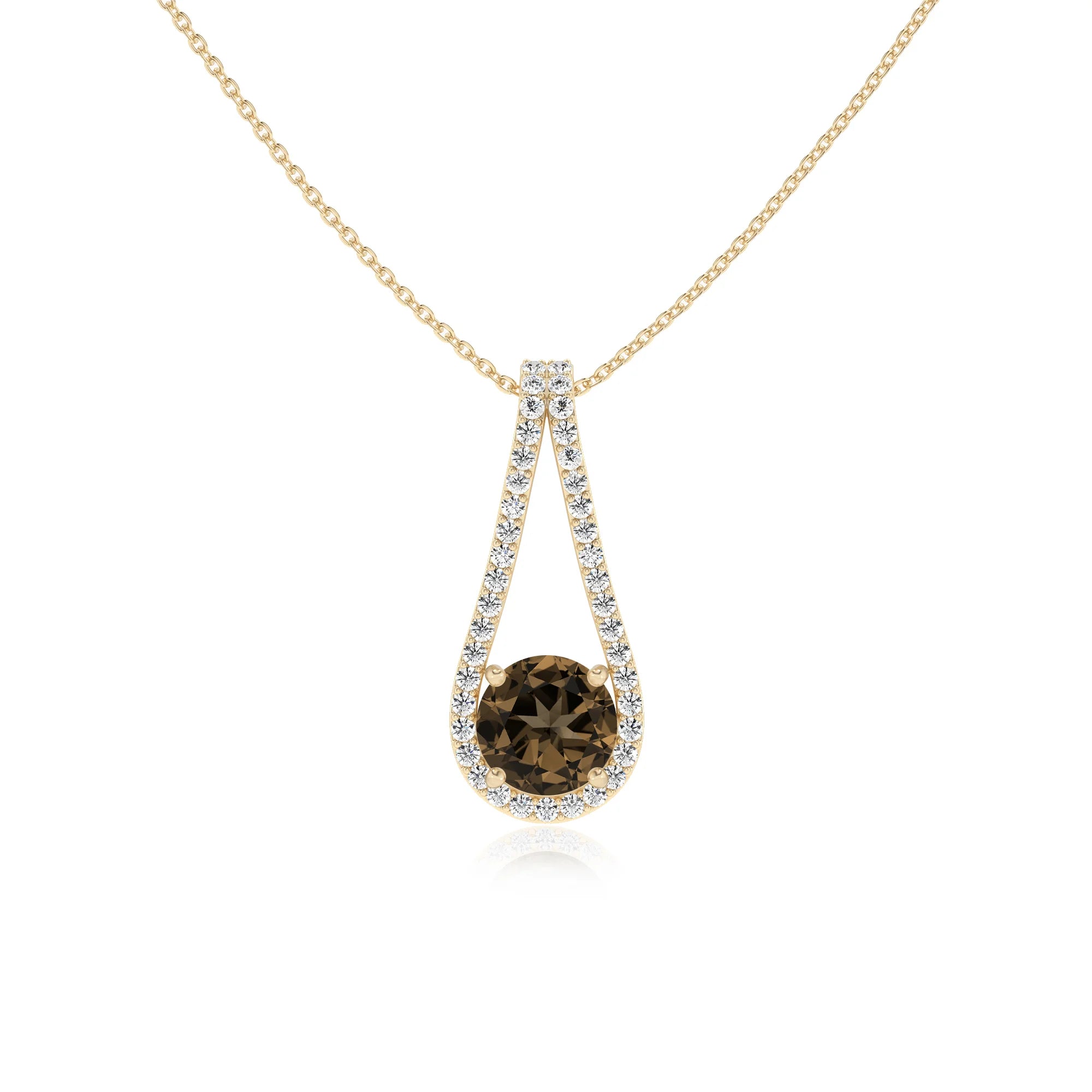 natural smoky-quartz round solitaire v-bale necklaces in yellow gold 