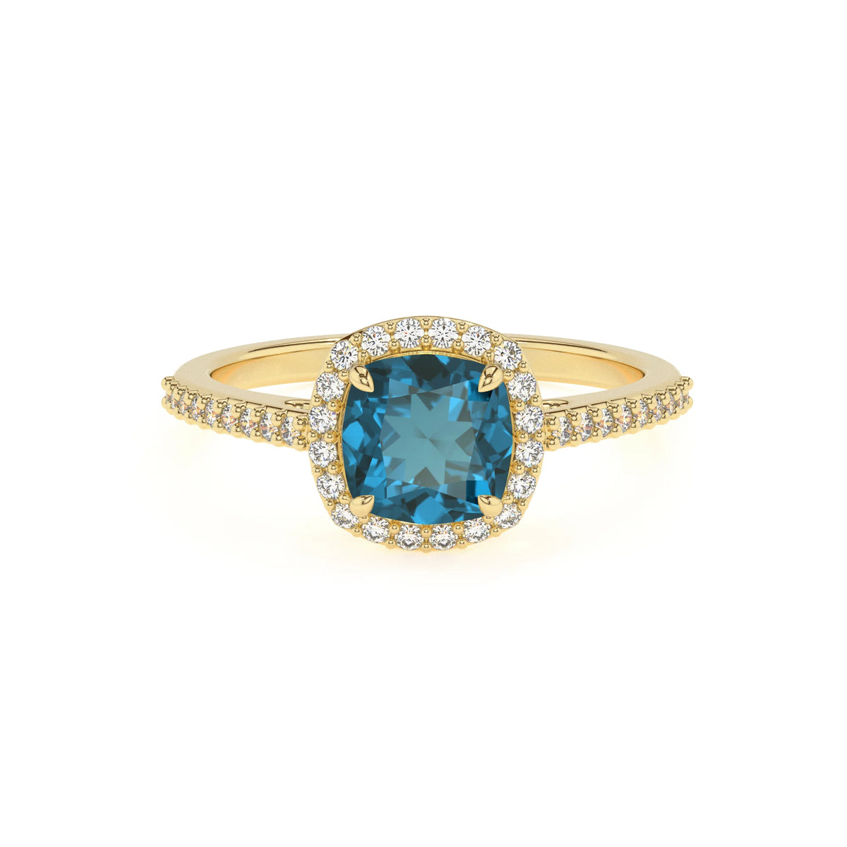 natural london-blue-topaz cushion solitaire rings in yellow gold 