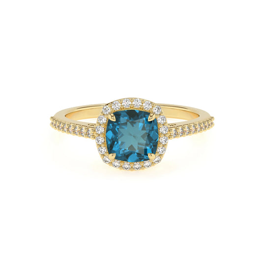 natural london-blue-topaz cushion solitaire rings in yellow gold 