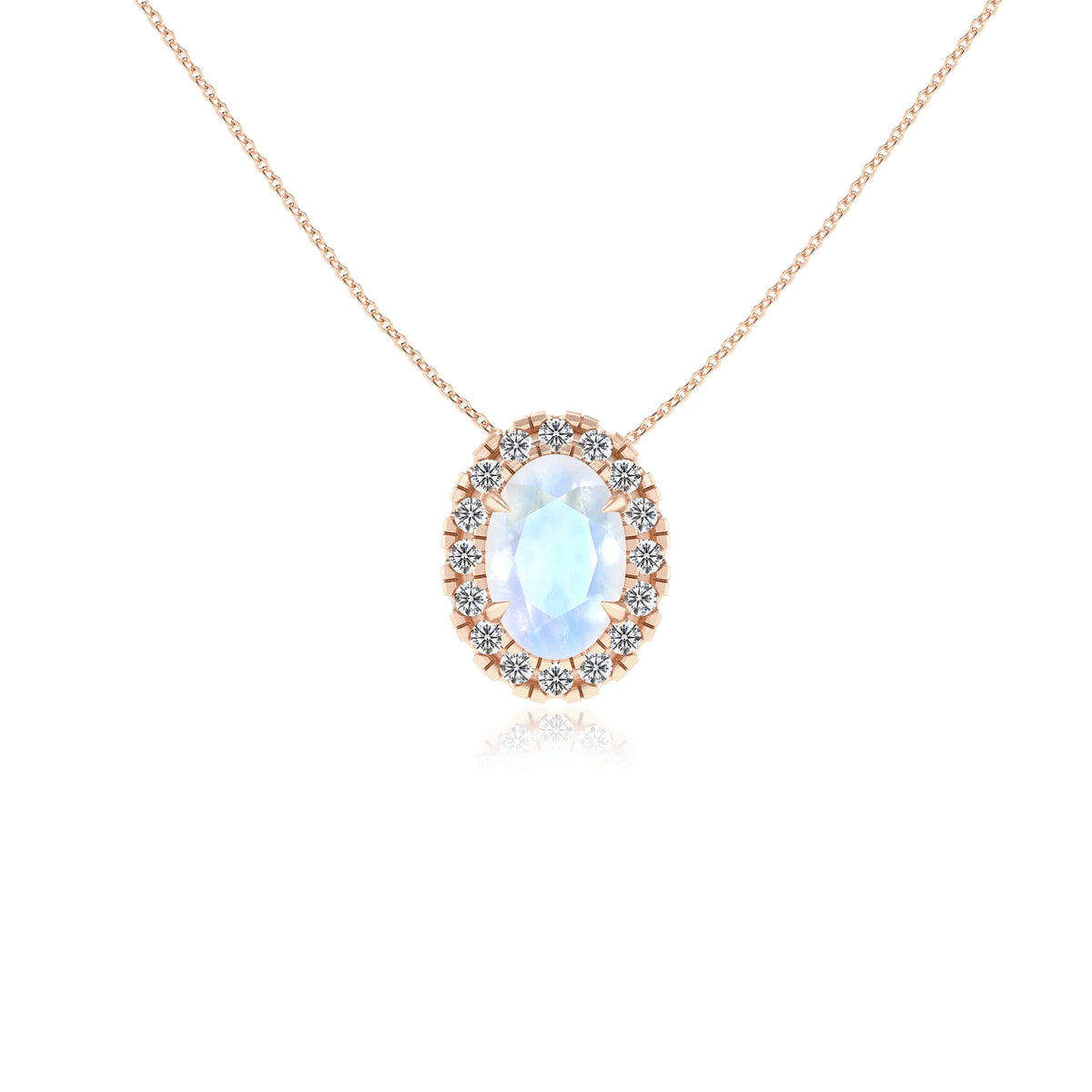 natural rainbow moonstone oval solitaire necklaces in rose gold 