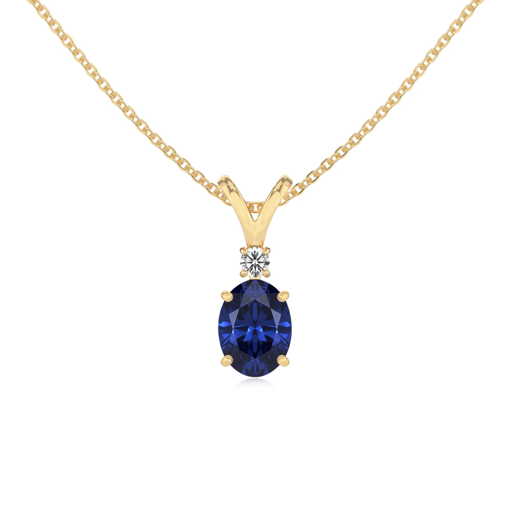 lab grown blue-sapphire oval solitaire v-bale necklaces in yellow gold 