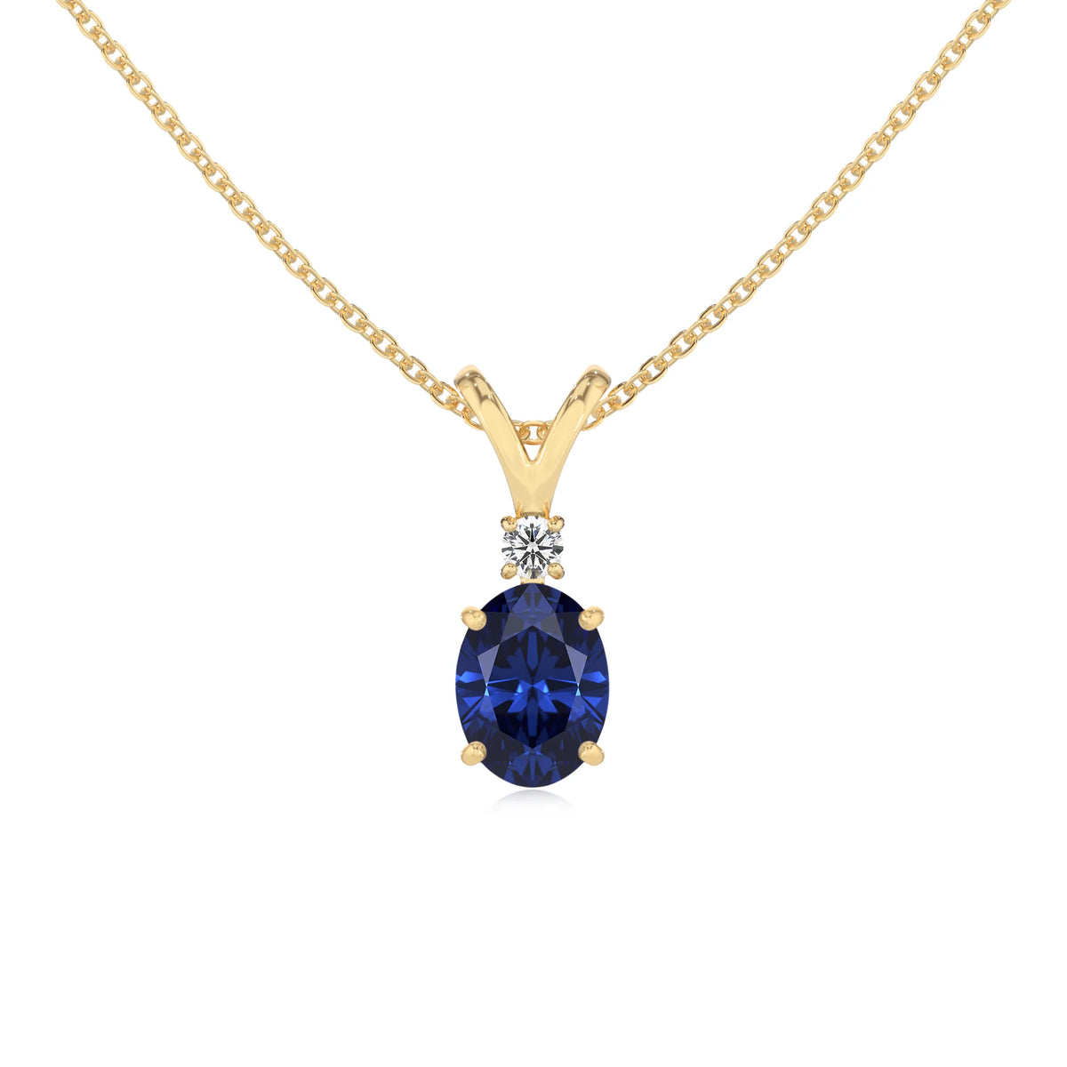 lab grown blue-sapphire oval solitaire v-bale necklaces in yellow gold 