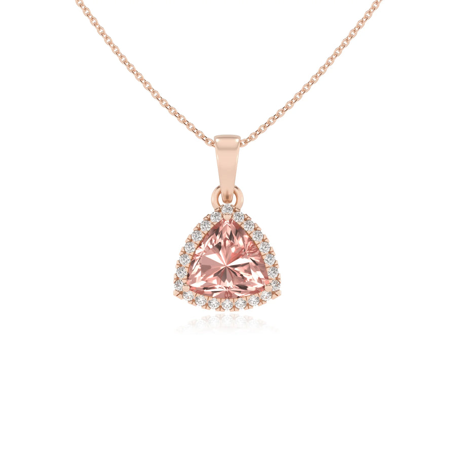 lab grown morganite trillion solitaire necklaces in rose gold 