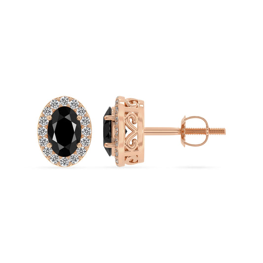 natural black onyx oval stud earrings in rose gold 
