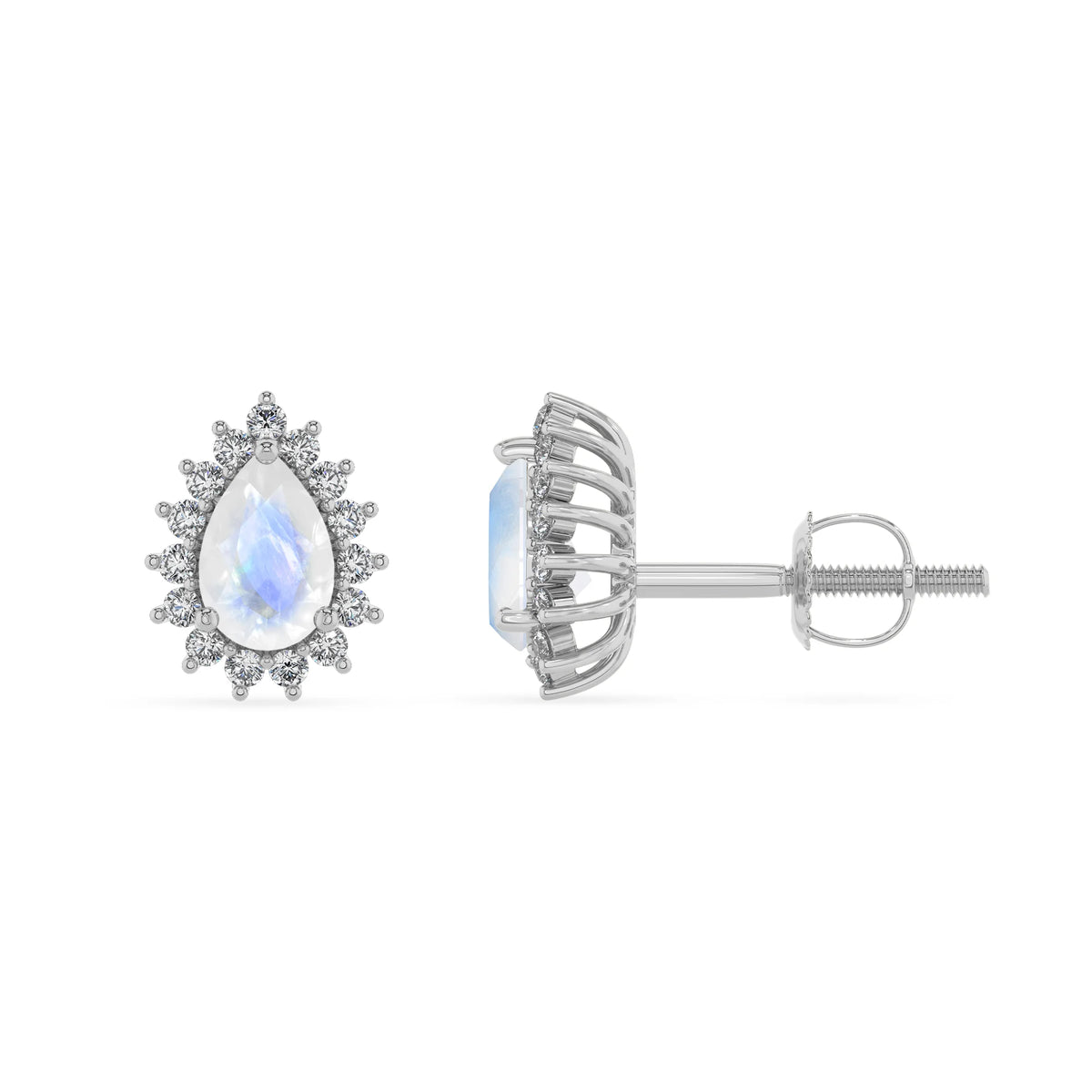 natural rainbow moonstone pear stud earrings in sterling silver 