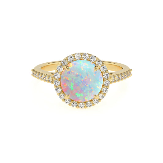 lab grown opal round solitaire rings in yellow gold 