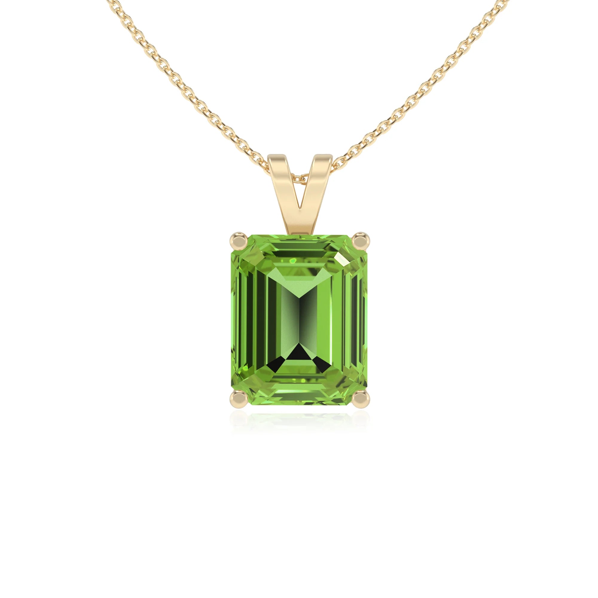 natural peridot emerald cut solitaire v-bale necklaces in yellow gold 