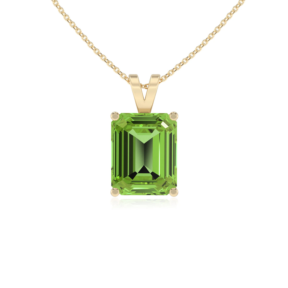 natural peridot emerald cut solitaire v-bale necklaces in yellow gold 