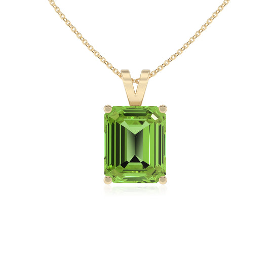 natural peridot emerald cut solitaire v-bale necklaces in yellow gold 