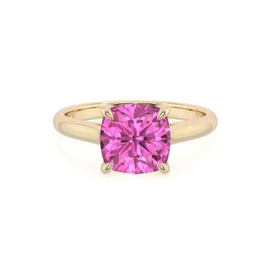 lab grown pink-sapphire cushion solitaire rings in yellow gold 