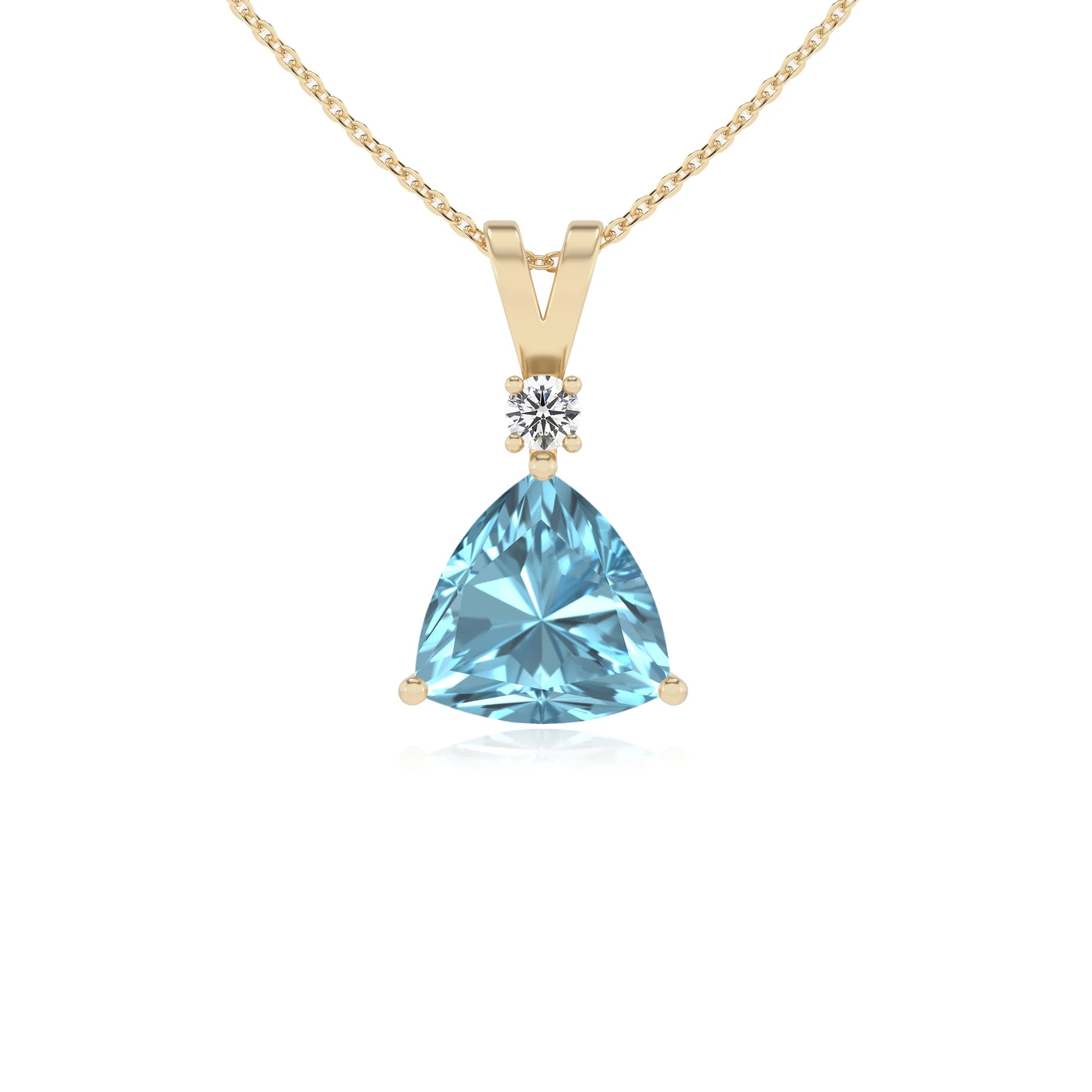 lab grown aquamarine trillion solitaire v-bale necklaces in yellow gold 