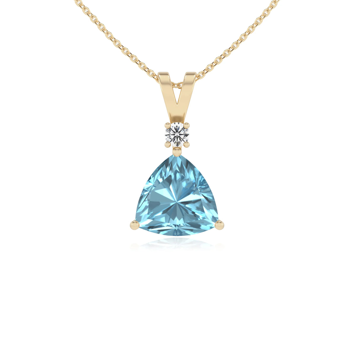lab grown aquamarine trillion solitaire v-bale necklaces in yellow gold 