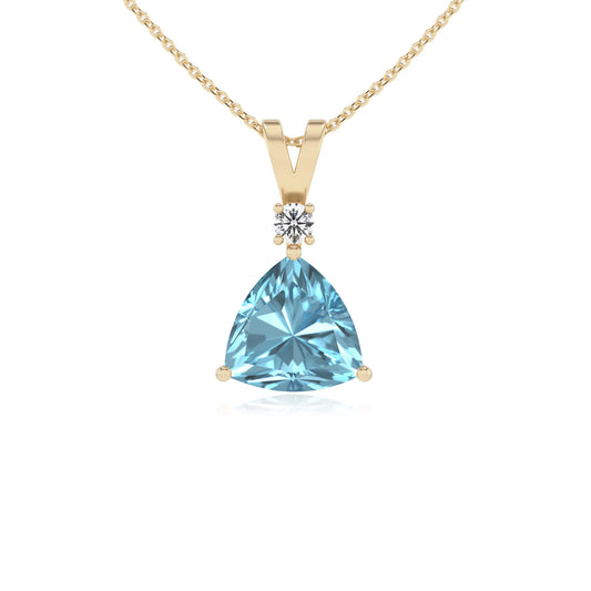 lab grown aquamarine trillion solitaire v-bale necklaces in yellow gold 