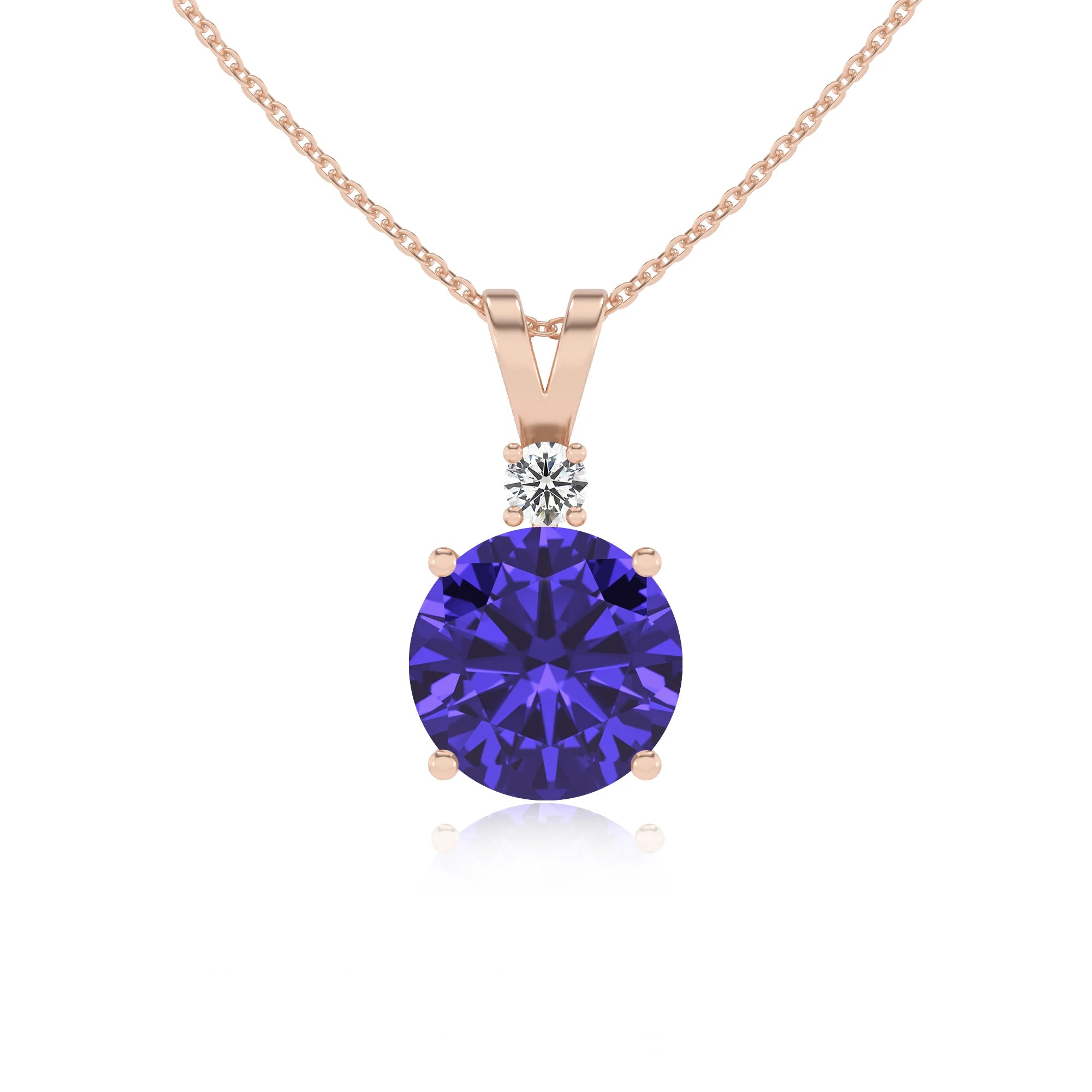 lab grown tanzanite round solitaire v-bale necklaces in rose gold 