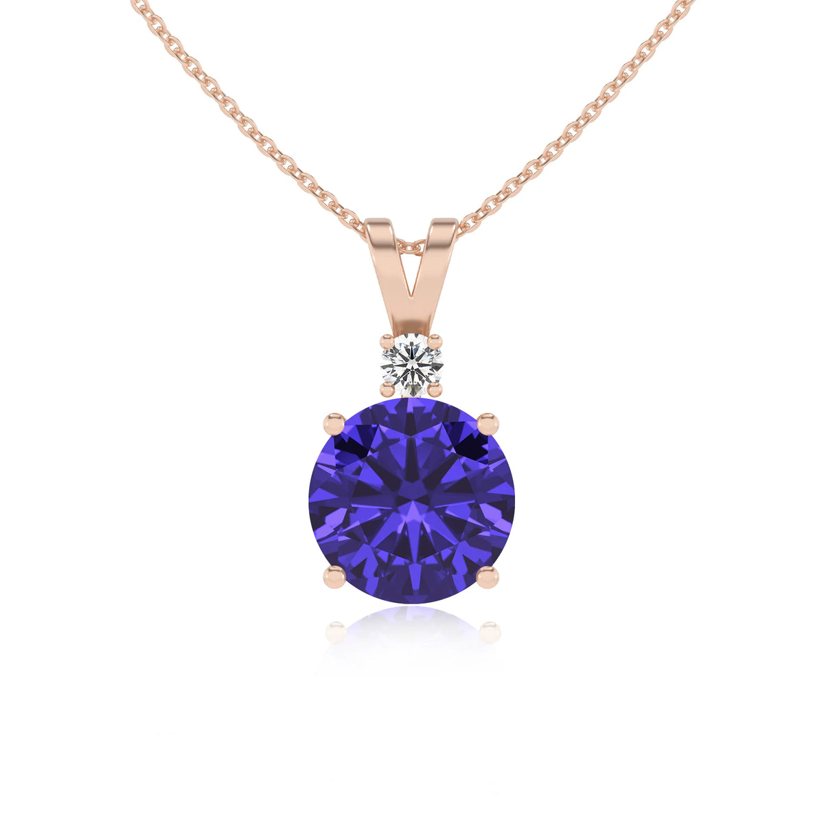 lab grown tanzanite round solitaire v-bale necklaces in rose gold 