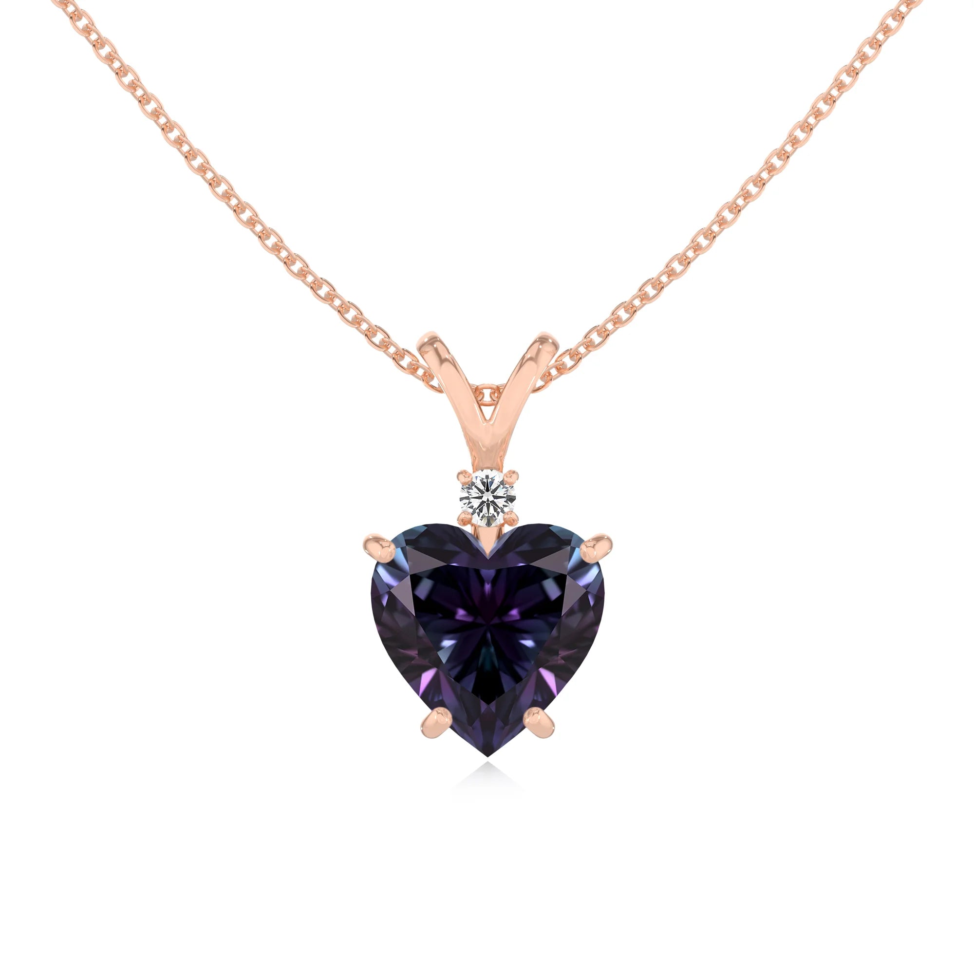 lab grown alexandrite heart solitaire v-bale necklaces in rose gold 