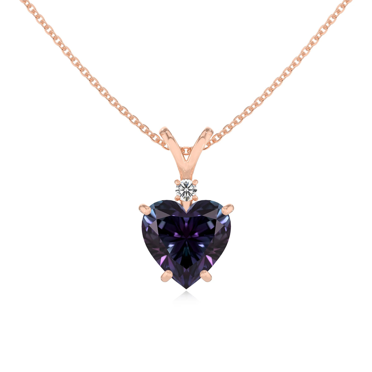 lab grown alexandrite heart solitaire v-bale necklaces in rose gold 