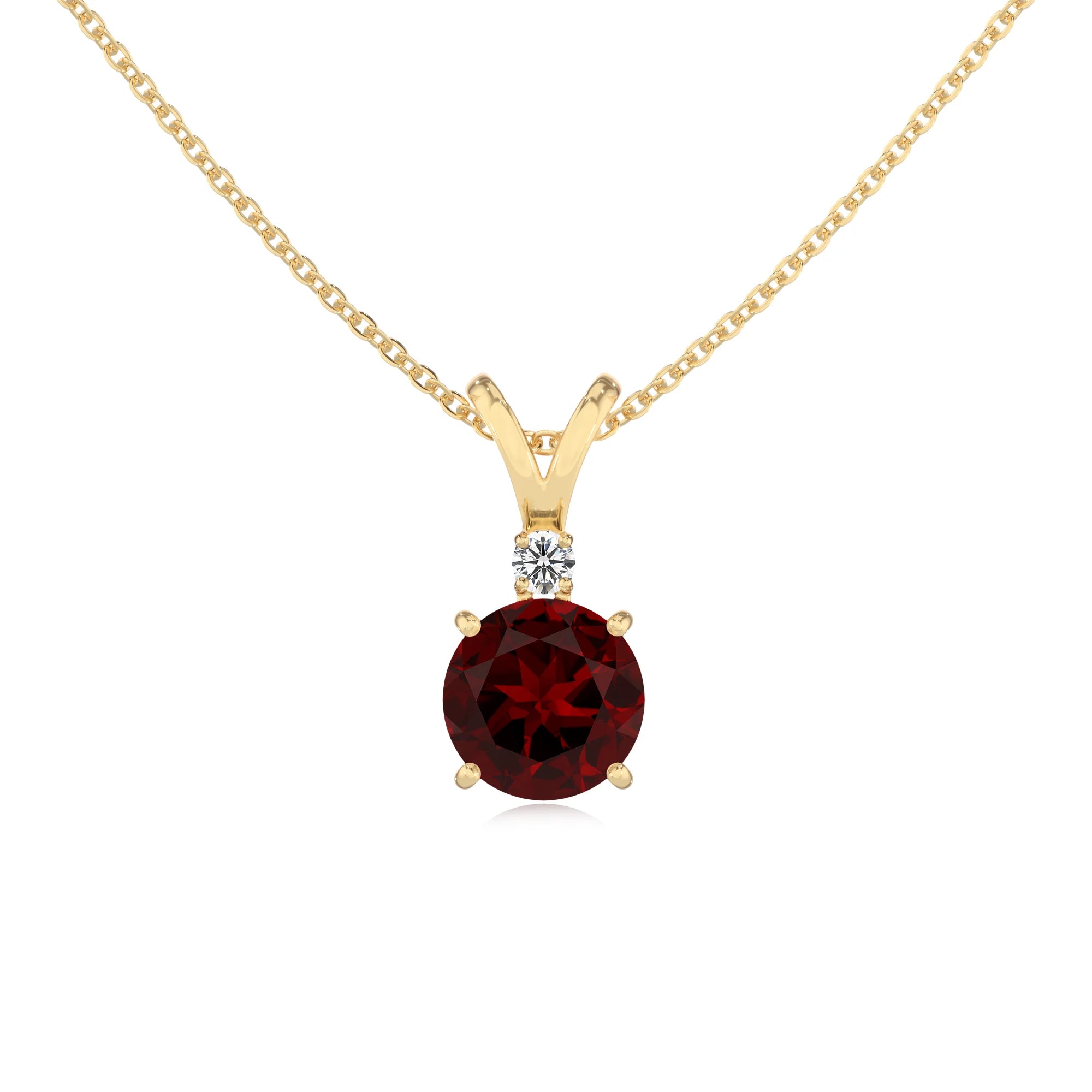 natural garnet round solitaire v-bale necklaces in yellow gold 