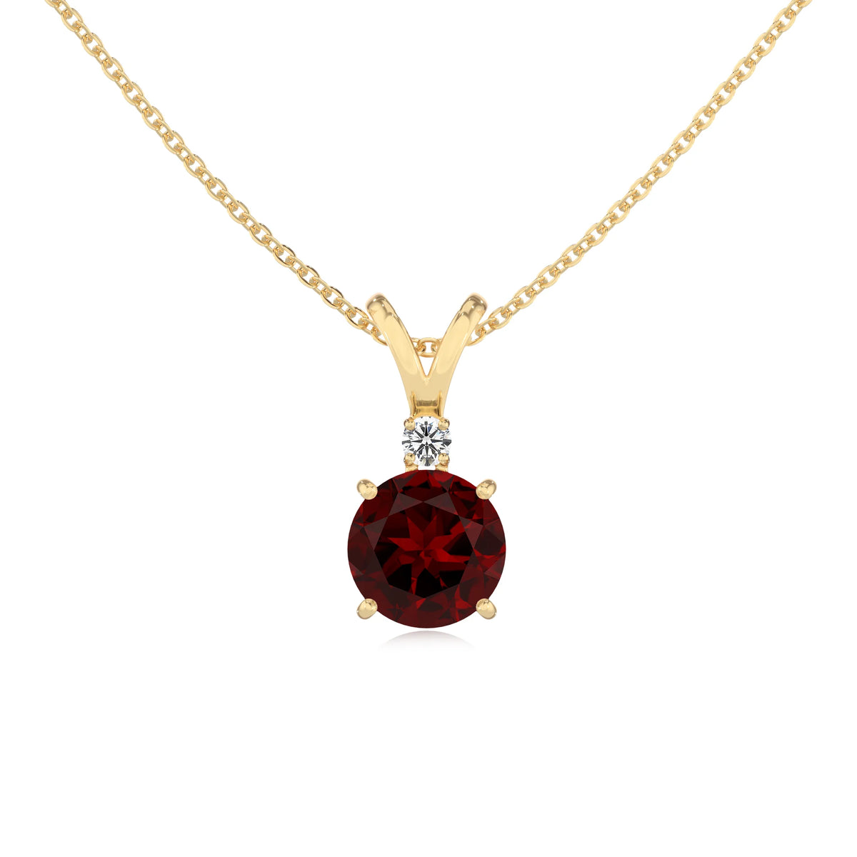 natural garnet round solitaire v-bale necklaces in yellow gold 