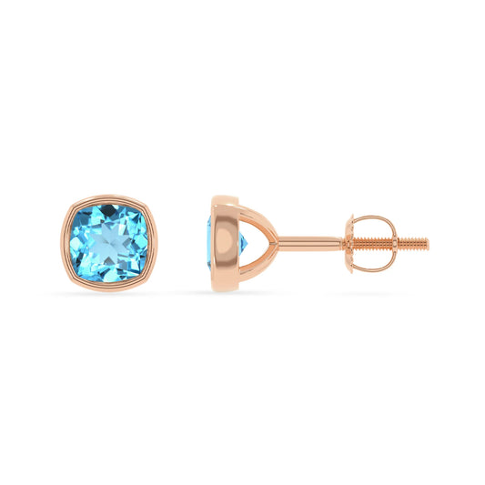 natural swiss blue topaz cushion stud earrings in rose gold 