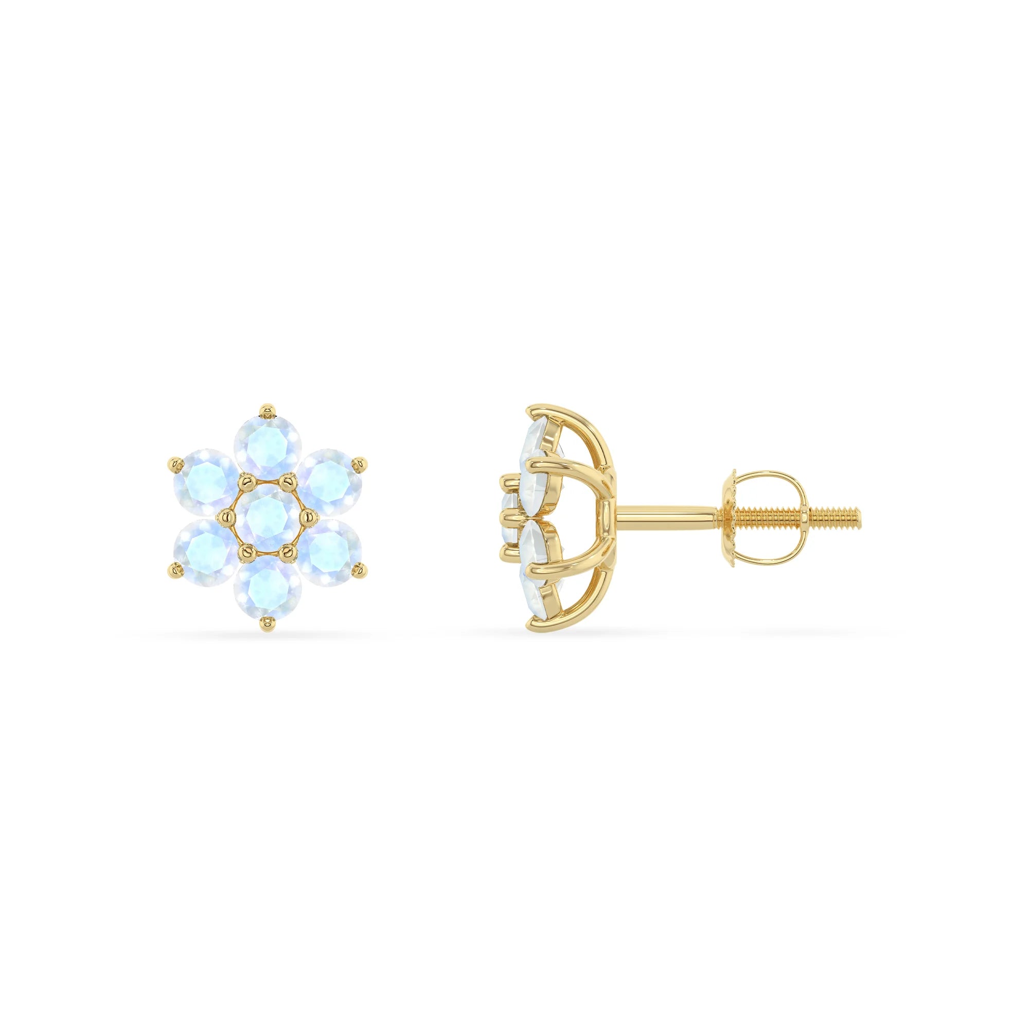 natural rainbow moonstone round stud earrings in yellow gold 