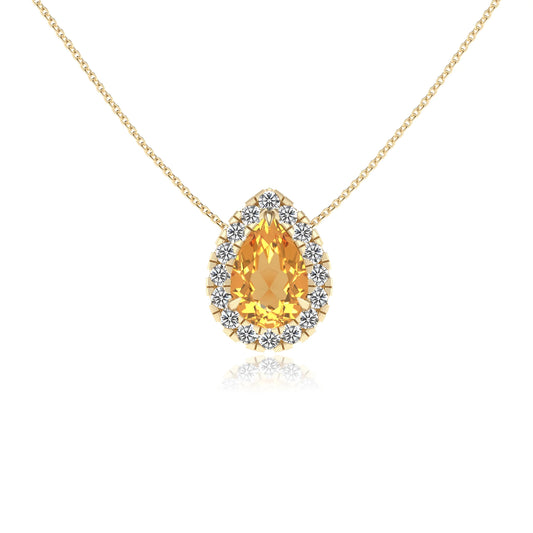 lab grown citrine pear solitaire necklaces in yellow gold 