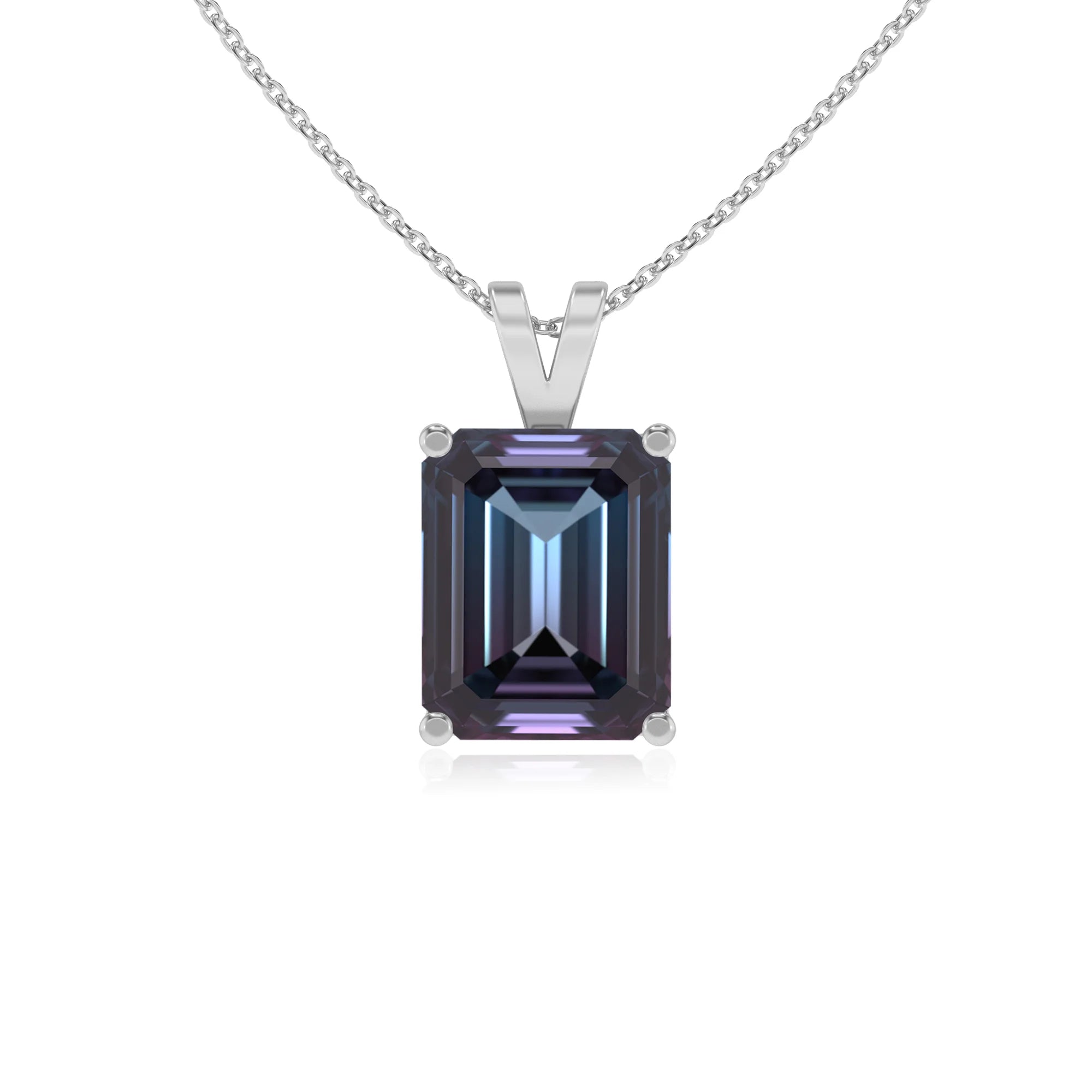 lab grown alexandrite emerald cut solitaire v-bale necklaces in white gold 