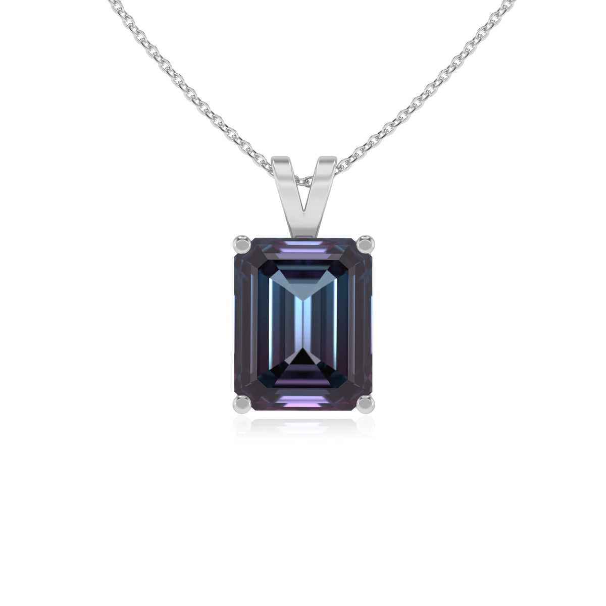 lab grown alexandrite emerald cut solitaire v-bale necklaces in white gold 