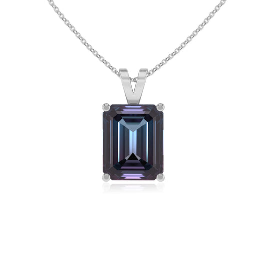 lab grown alexandrite emerald cut solitaire v-bale necklaces in white gold 